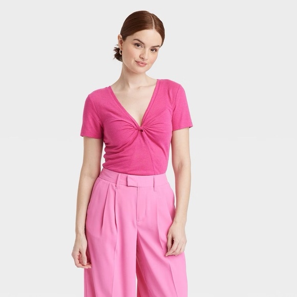 🍁 A New Day Pink V-Neck Twist Front T-Shirt Women’s L - Picture 1 of 3